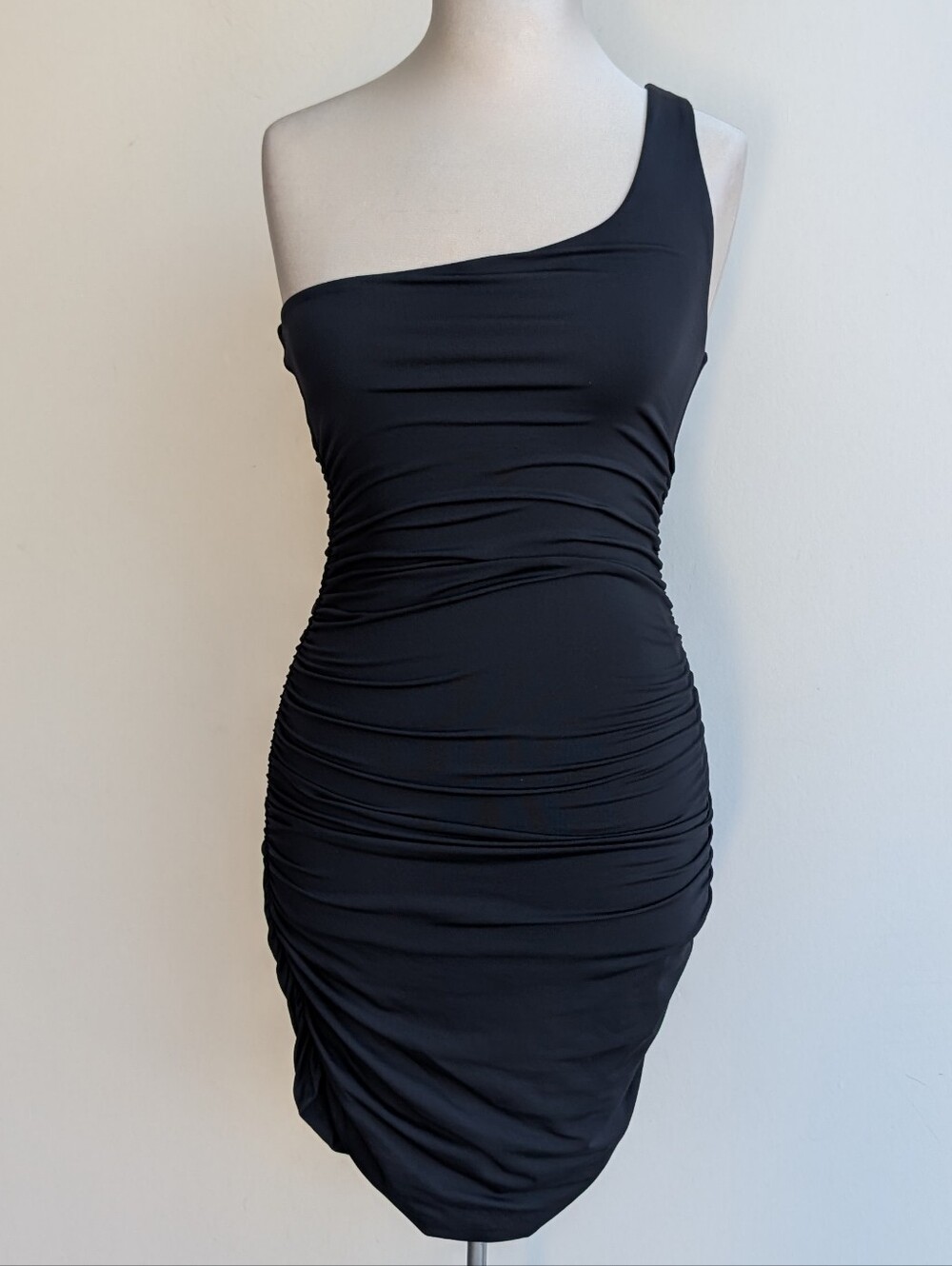 Babaton Beverly Contour Dress - One-Shoulder Black Ruched Bodycon Mini Dress